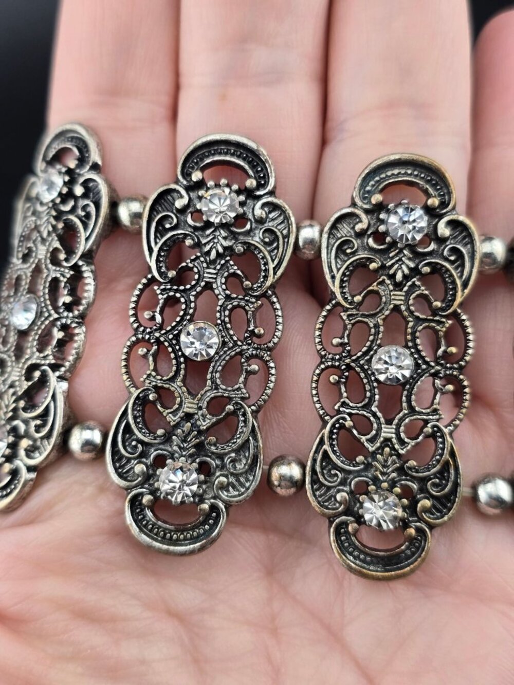 Gold and silver tone filigree Stretch Bracelet Rhinestone 6.25"- larger - Picture 8 of 8
